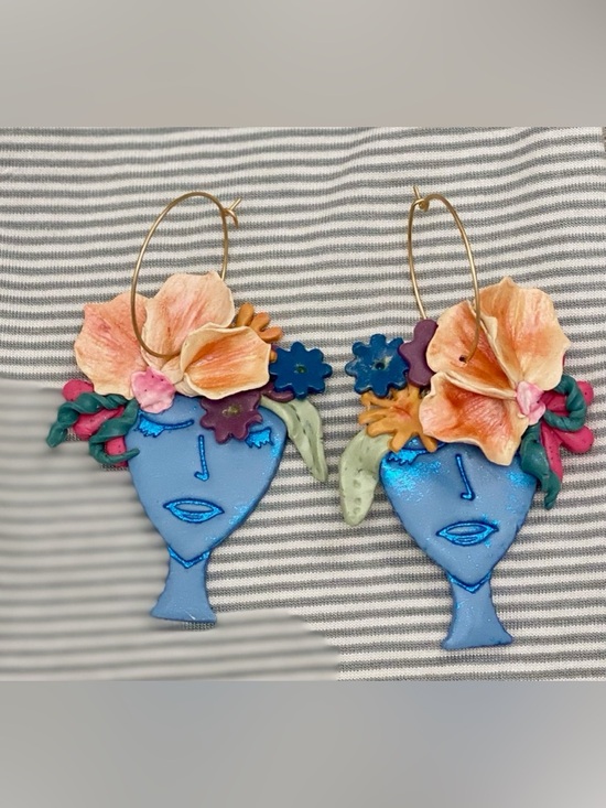 Susie Quinn Accessories - Handcrafted Artisan Blue Face Floral Hoop Earrings - Women Accessories